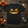 Scary jack o lantern face t-shirt with glowing orange eyes and jagged teeth, Halloween graphic design