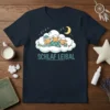 Schlaf Leibal German quote t-shirt with three sleeping sheep on clouds, moon, and stars design