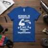 T-shirt with white text "School Is Important But Muscles Are Importanter" and graphics of a muscular arm holding a book