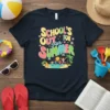 School's Out For Summer t-shirt with colorful text and kids playing at the beach