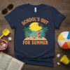 SCHOOL'S OUT FOR SUMMER t-shirt featuring a beach scene with palm trees, sandcastle, surfboards, and graduation cap