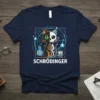 Schrödinger cat design with half cat and half skeleton in a box, featuring "SCHRÖDINGER" text, poison bottle, and gauge