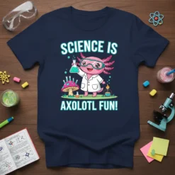 Science Is Axolotl Fun! T-Shirt featuring a cute axolotl in a lab coat holding a beaker, surrounded by science elements