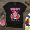 SCOOP! there it is text with a pink ice cream sundae, watermelon slices, and berries on a black t-shirt