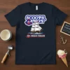 Scoops Ahoy Ice Cream Parlor T-Shirt featuring a vintage sailing ship graphic and bold text, navy blue