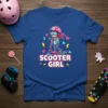 Scooter Girl t-shirt design featuring a cartoon girl riding a pink scooter with hearts and lightning bolts