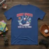 Hobby Sports Score All The Things t-shirt design with a bowling ball character playing multiple sports, text in red and