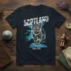 Scotland Estd 1707 t-shirt design with a cat wearing tartan in front of a Scotland map