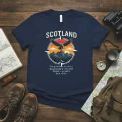 Scotland The Greatness of Nature t-shirt design with eagle, mountains, and Scottish Gaelic text for Ben Nevis