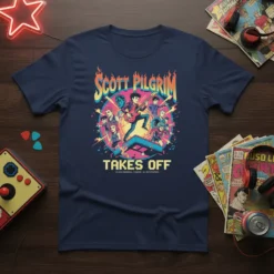 Scott Pilgrim Takes Off t-shirt design with vibrant retro anime art and character illustrations