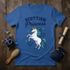 Scottish Princess text above a white unicorn with blue mane and tail, wearing a crown, surrounded by butterflies and thistles