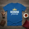 Royal blue t-shirt with white text "SCOUSE princess" and a gold crown graphic above the text
