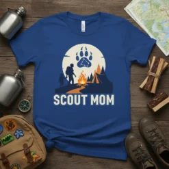 Scout Mom t-shirt with a graphic of a paw print, a parent and child hiking, a tent, and a campfire