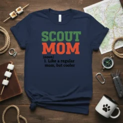 Scout Mom Like A Regular Mom But Cooler t-shirt with green "SCOUT" and orange "MOM" text, and definition below