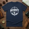 Scout T-Shirt with compass graphic, mountains, and hiker silhouette. Outdoor adventure apparel for scouts