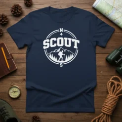 Scout T-Shirt with compass graphic, mountains, and hiker silhouette. Outdoor adventure apparel for scouts