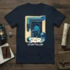 SCR. STORYTELLER t-shirt design featuring a person walking into a doorway, with graphic elements and text