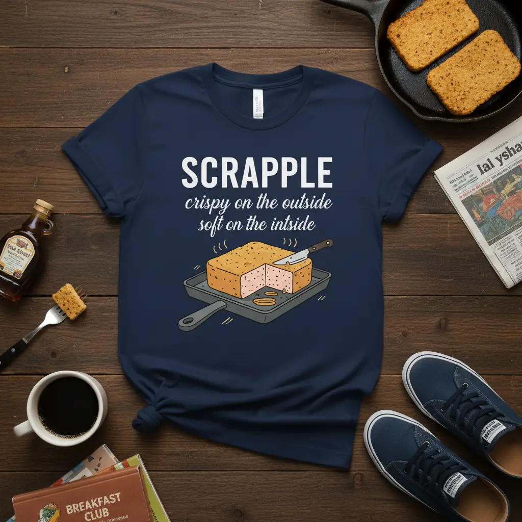 Scrapple crispy on the outside soft on the intside quote t-shirt with illustration of scrapple in a pan