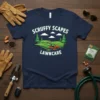 Navy t-shirt with "Scruffy Scapes Lawncare" text and a graphic of a lawnmower on rolling green hills