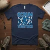 Navy blue t-shirt with "SCRUM TOGETHER" text and graphic of running figures in blue and white