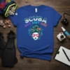 Scuba Hair Don't Care t-shirt design featuring a woman with a messy bun, sunglasses, and a clownfish, surrounded by bubbles