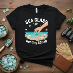Black t-shirt with "SEA GLASS Hunting SQUAD" text and a graphic of a hand picking up sea glass on a