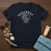 Navy t-shirt with white Seacrest 30A text and wave graphic, perfect for beach vacation apparel