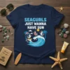 T-shirt with "Seagurls Just Wanna Have Sun" text and cartoon seagulls surfing on a wave, palm trees, and sun