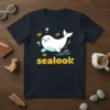 Sealook t-shirt design with a cute white seal swimming and the text "sealook" in yellow