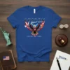 Season Coming Soon patriotic eagle t-shirt design with American flag wings and lightning effects