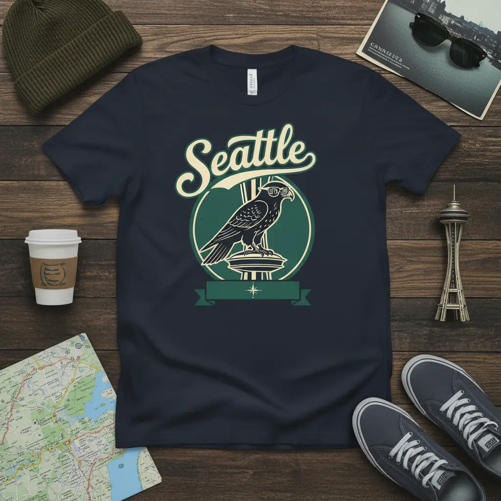 Retro Seattle Eagle design with sunglasses, perched on Space Needle illustration, for Washington city pride apparel