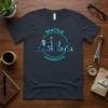 Seattle Washington skyline graphic on a dark t-shirt, featuring iconic landmarks within a circle