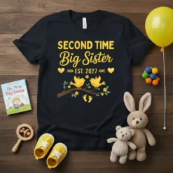 Second Time Big Sister Est. 2027 t-shirt design with yellow birds and baby footprints