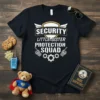 SECURITY LITTLE SISTER PROTECTION SQUAD text design with shield and walkie-talkies, on a black t-shirt
