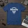 Blue t-shirt with white "Security" text above a shield icon containing a lock and digital circuit design