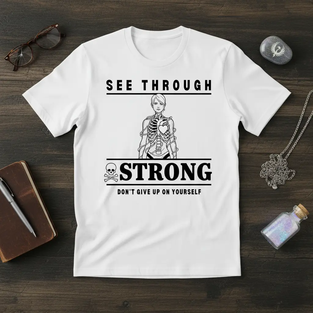 See Through Strong Don't Give Up On Yourself quote t-shirt with skeleton and heart graphic