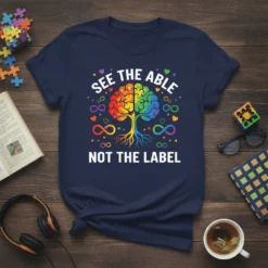 See The Able Not The Label autism awareness t-shirt with rainbow brain tree graphic and infinity symbols