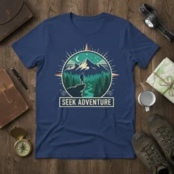 Seek Adventure t-shirt featuring a mountain landscape, river, and compass graphic