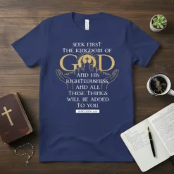 T-shirt with the Bible verse "Seek First The Kingdom Of God And His Righteousness And All These Things Will Be