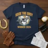 Seize the Grey Winner 2024 t-shirt design featuring a jockey on a grey horse with laurel branches and the year