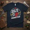 Seize the Means of Production t-shirt with red fist holding wrench and gears, surrounded by factories and lightning bolts