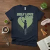 Self Love Club text with a silhouette of a woman holding a rose inside a radiant heart graphic on a
