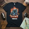 SEMI TRUCKS T-Shirt with a blue semi-truck graphic surrounded by flames. Features bold text "SEMI TRUCKS" in orange and white