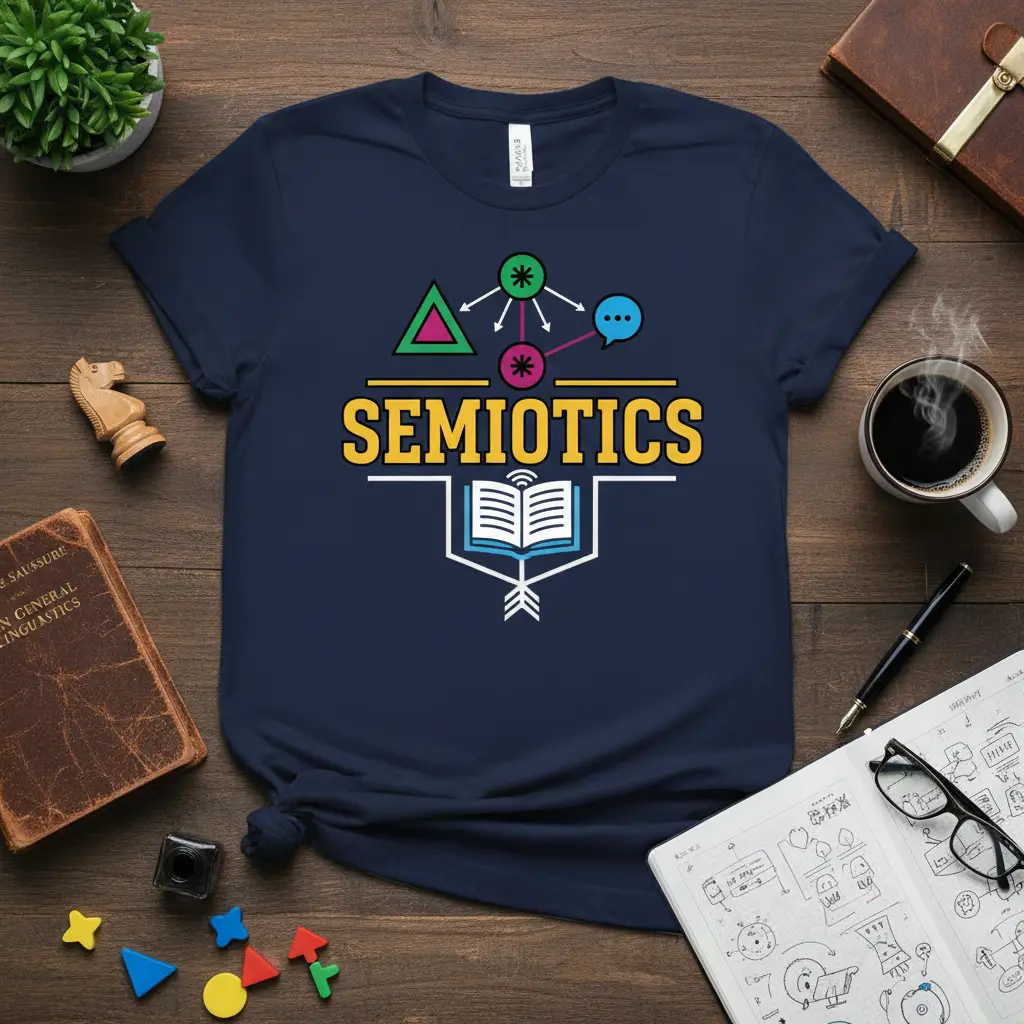 Navy blue t-shirt graphic featuring the word SEMIOTICS with abstract symbols of communication and learning, ideal for linguistics students