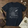 Navy blue t-shirt with white handwritten Italian poem "Sempre caro mi fu quest' amo colle" and a stylized wave graphic