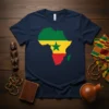 Senegal map flag t-shirt design in navy blue, featuring green, yellow, and red map of Africa with a green star
