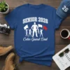 SENIOR 2026 Color Guard Dad t-shirt with a graphic of a dad holding flags and smaller figures performing