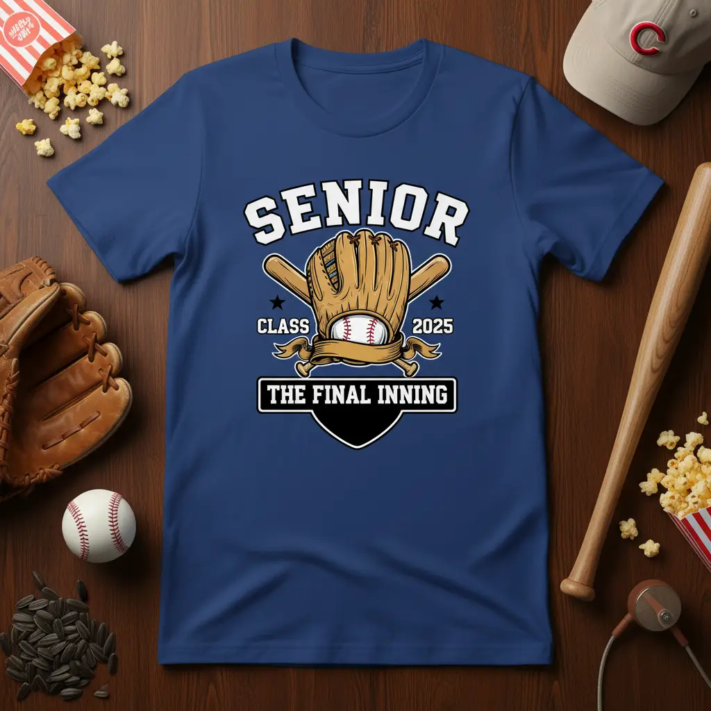 Senior Class 2025 The Final Inning baseball t-shirt design with crossed bats and catcher's mitt graphic