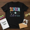 Senior Class of 2025 graduation t-shirt with colorful text and cosmic graphics