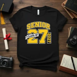 Black t-shirt with bold yellow text "SENIOR CLASS OF 27 2027" for graduation celebration